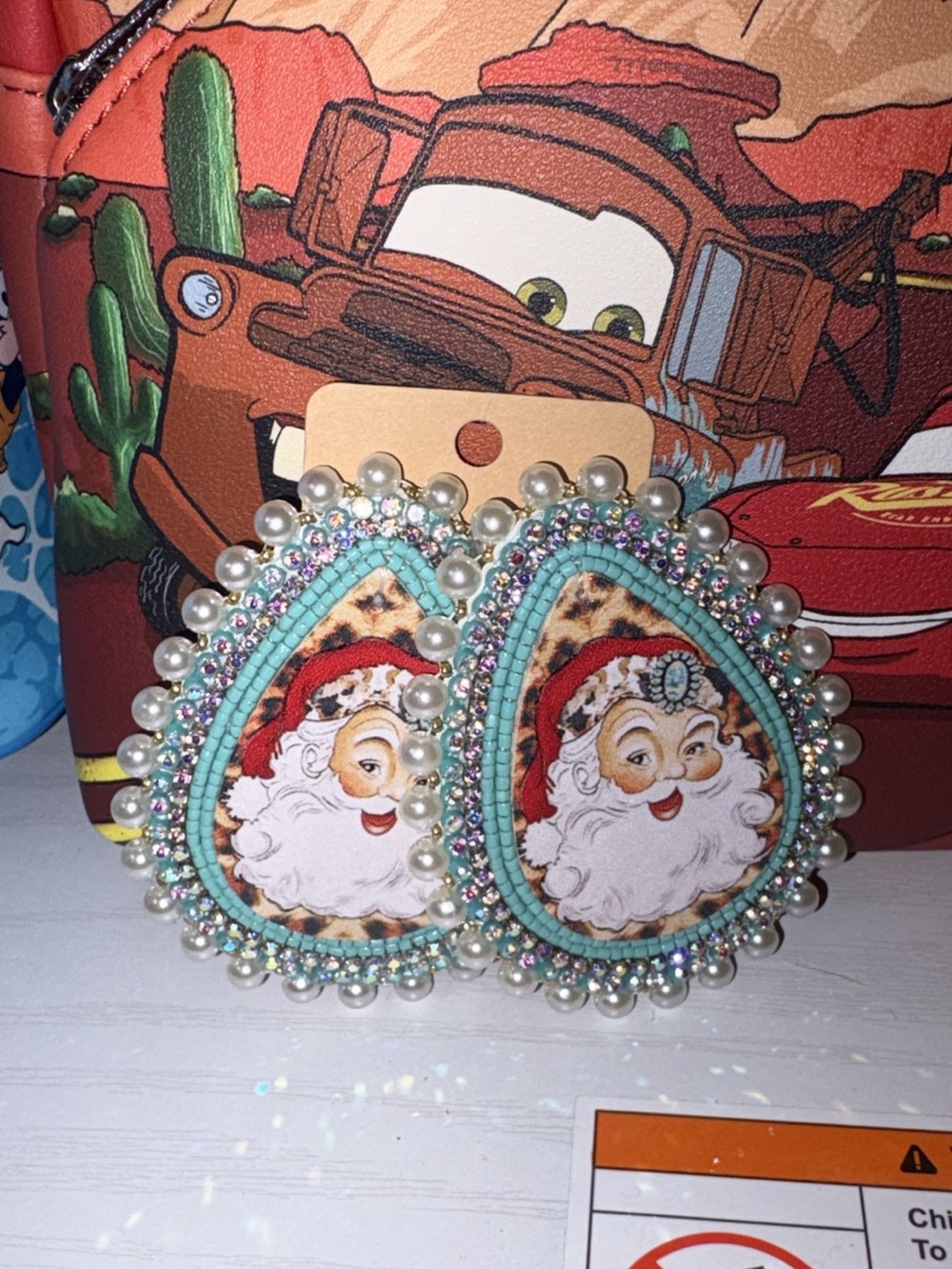 Santa Teardrop Beaded Statement Earrings in Turquoise & Cheetah